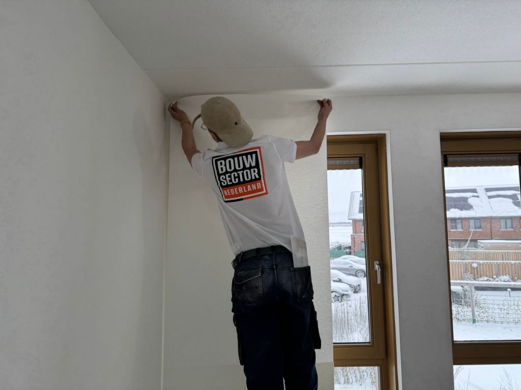 Vakman van Bouwsector Nederland brengt een baan behang aan tot tegen het plafond